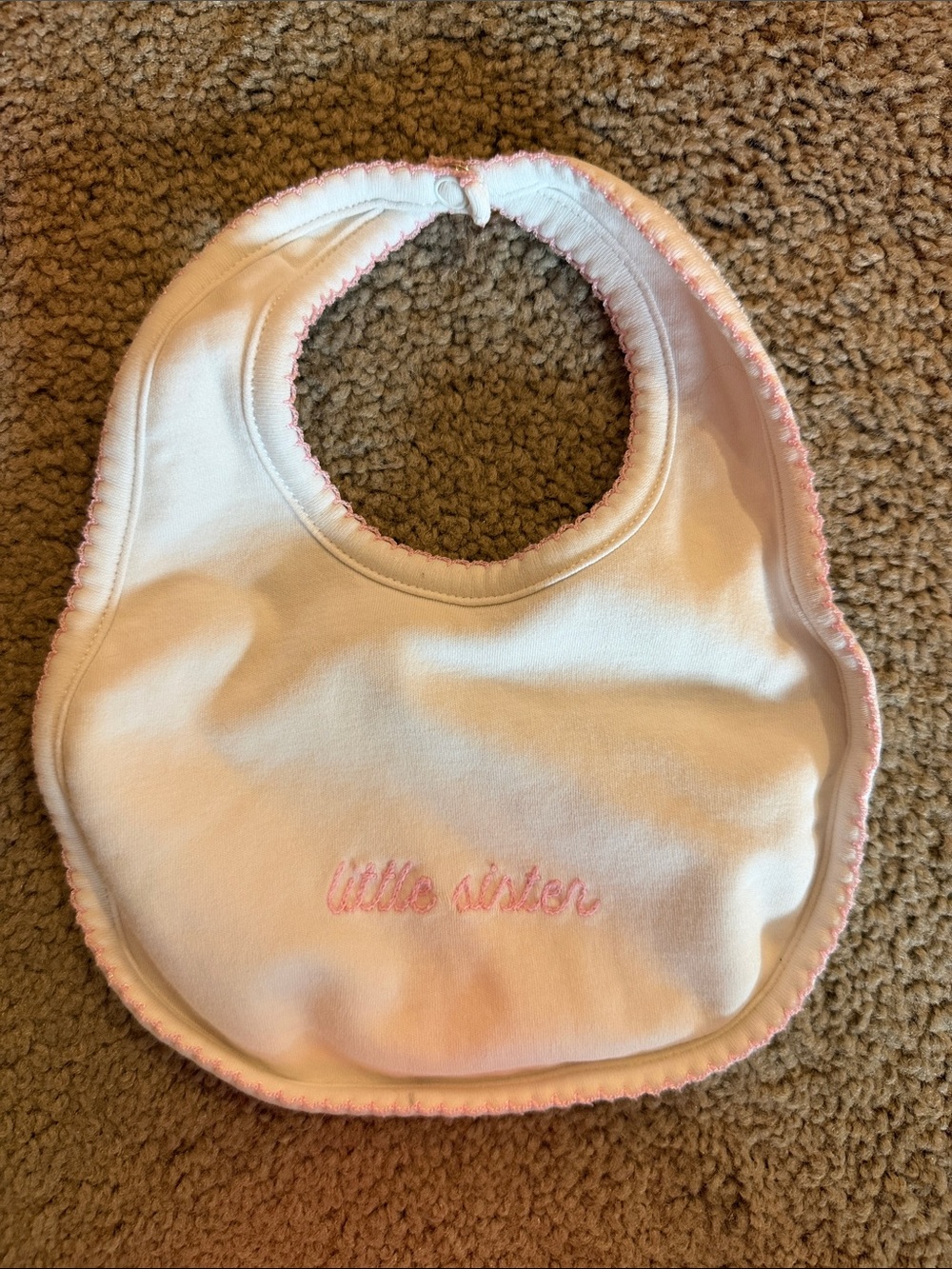 White Baby Bib with Pink Trim and 'little sister' Embroidery